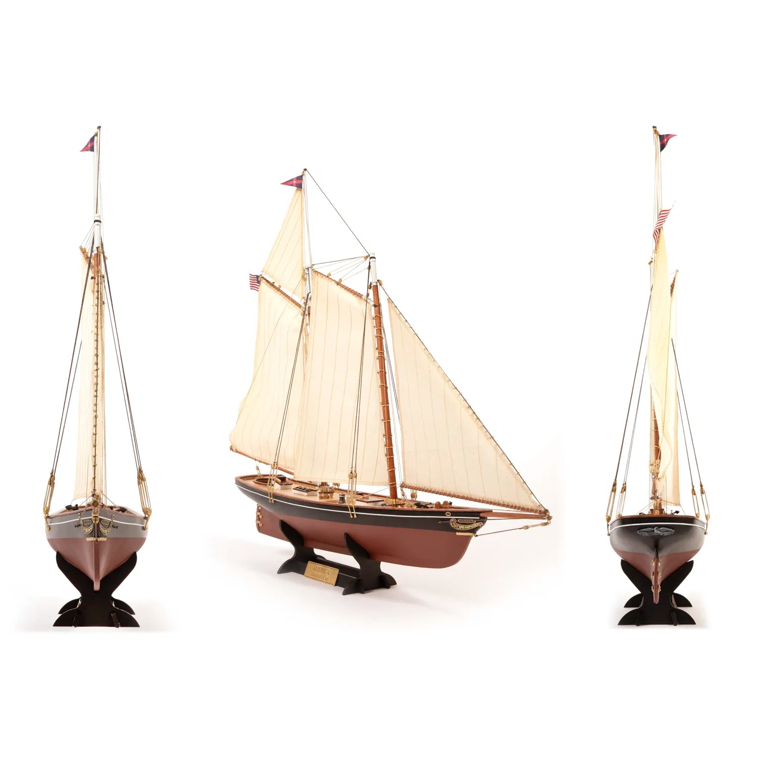 Maqueta naval de madera del yate America 1851 – vista lateral, proa y popa